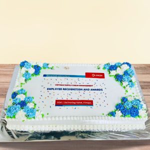 Bánh sự kiện trang trí hoa và logo